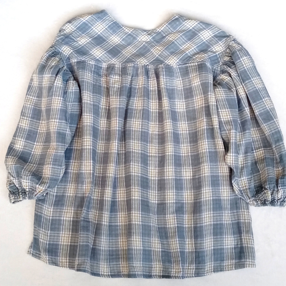 Mustard Seed Women's Blue White Plaid 3/4 Puff Sleeve High Low Blouse S - Picture 2 of 8